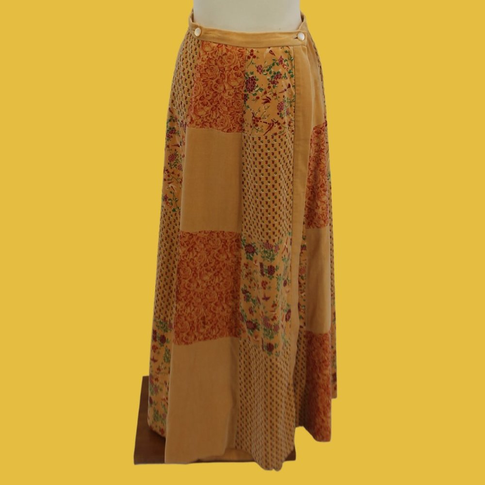 Vintage 70s Patchwork Velvet Glen of Michigan Prairie Maxi Skirt M